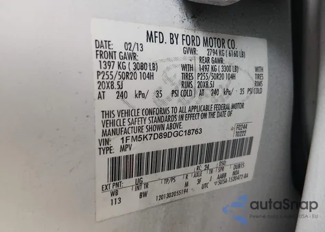 2013 Ford Explorer Xlt из США, поврежденный, VIN 1FM5K7D89DGC18763